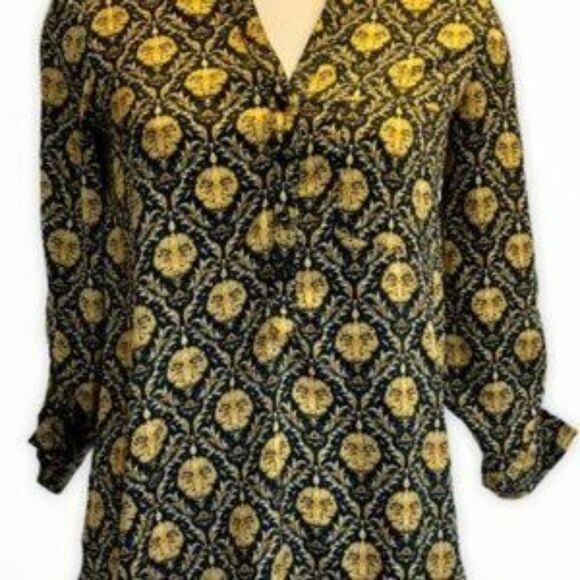 ZARA yellow black print button down blouse size XS - Picture 3 of 13